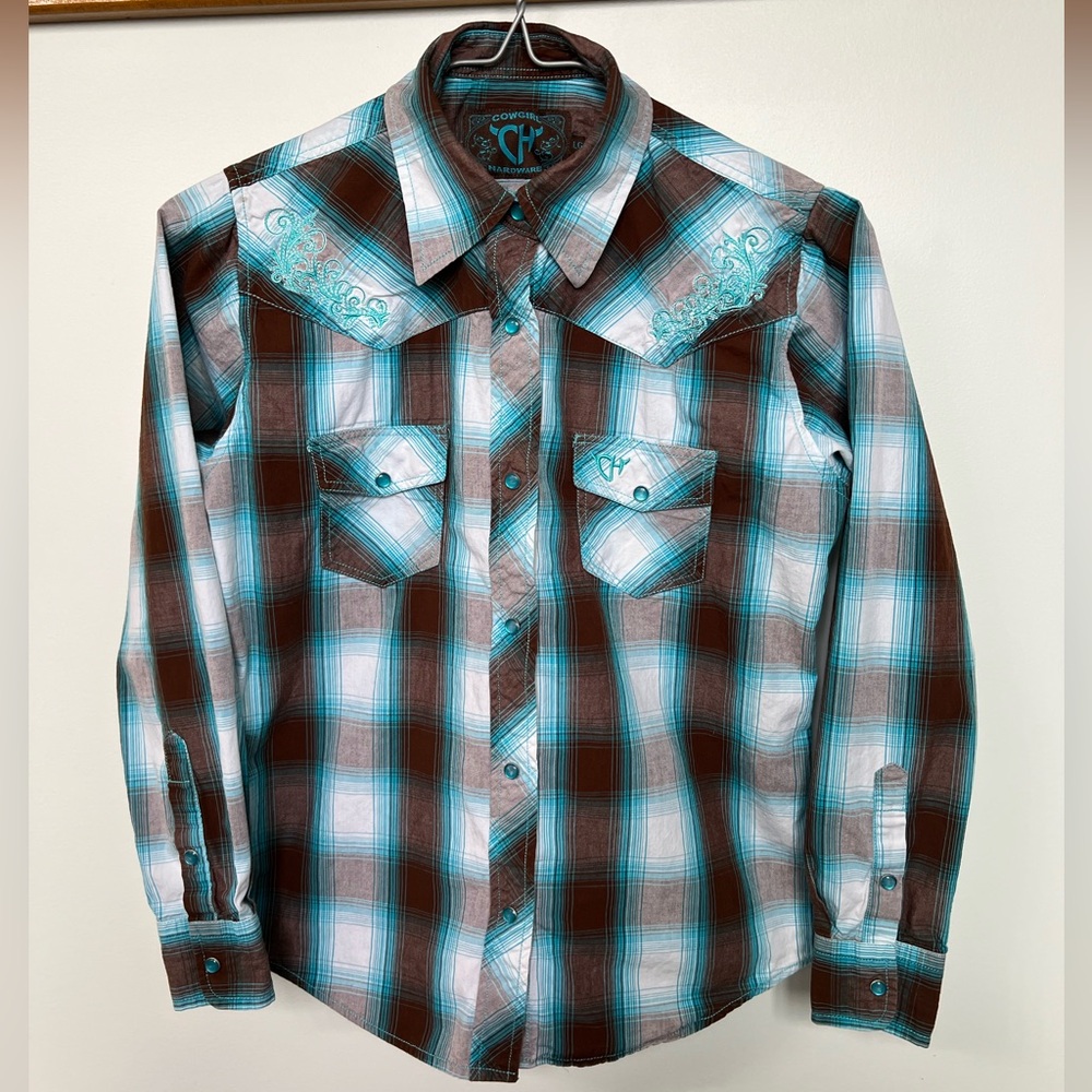 Girl’s Large Blue and Brown Pearl Snap Western Shirt